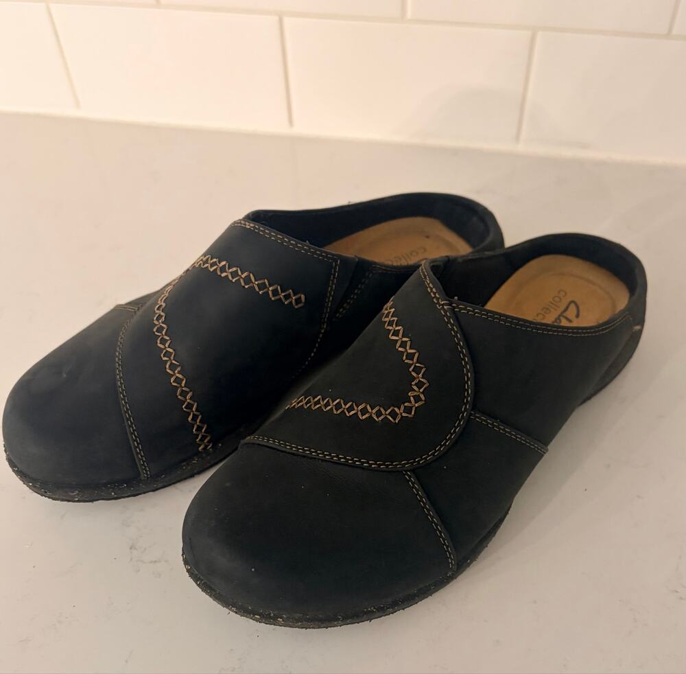 Clarks Roseville Faye Black Leather Mules Clogs Slip On Shoes Women’s Size 8 M